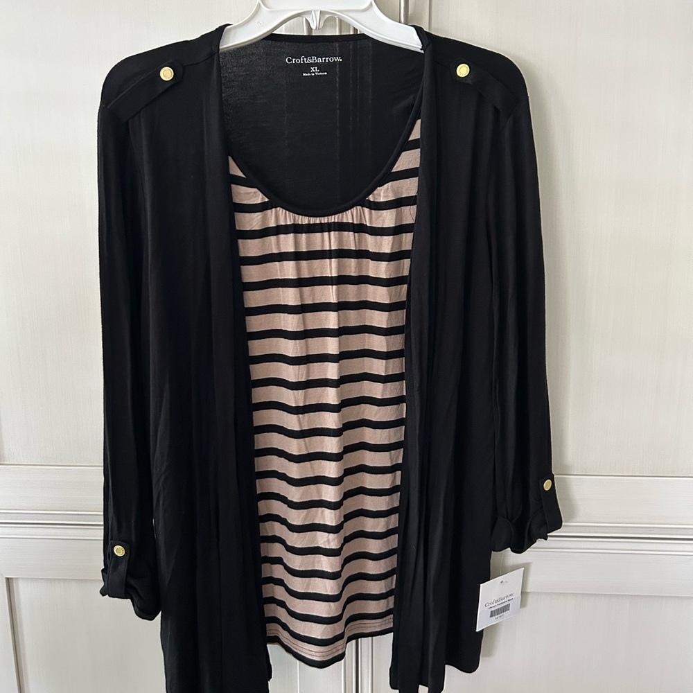 Croft & Barrow Black Cardigan with Attached Black and Tan Striped Top